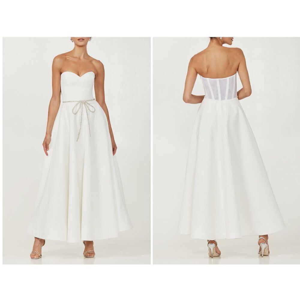 NWT'S  HELSI Grace Sweetheart Strapless Crystal Bow White Midi Dress sz Medium